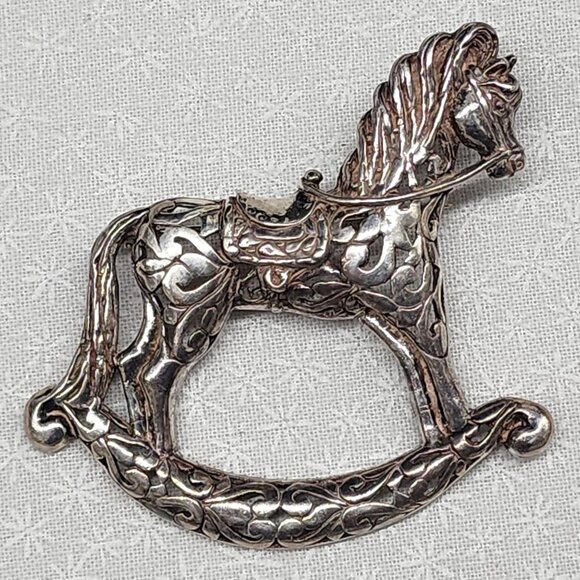 Vintage Sterling Rocking Horse Brooch Pin Filigree Design By Jezlaine Jewelry - Picture 1 of 10